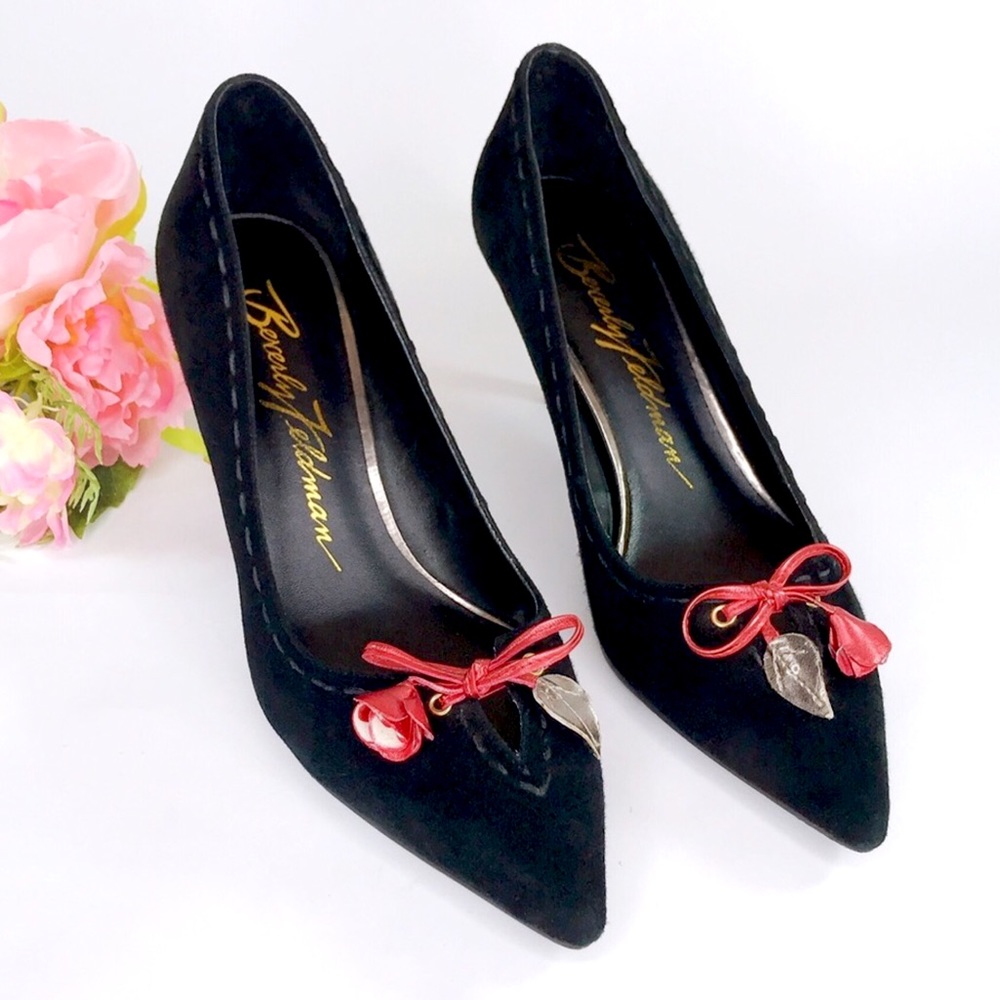 Beverly Feldman Black Suede Flower Tie Heels Size 8
